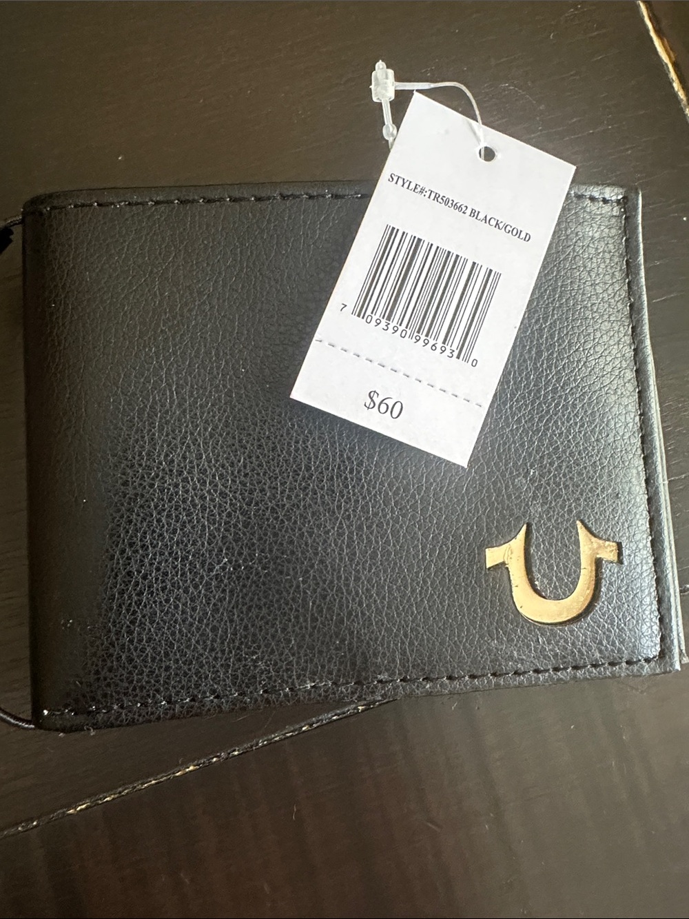 True Religion Black Leather Wallet with Gold Horseshoe Logo